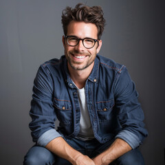 Obraz premium White american handsome man smiling Kneeling on one knee , isolated on black background