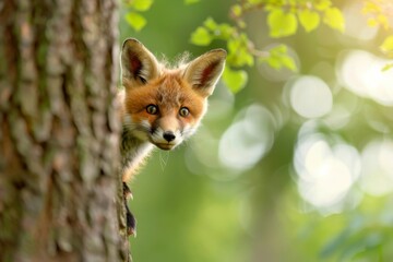 A Curious Red Fox Peeking from Behind a Tree