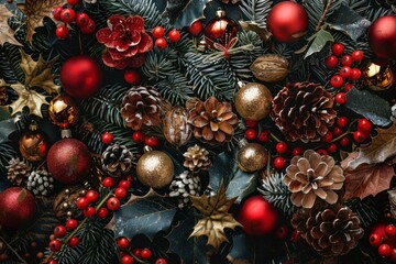 Fototapeta premium Top view of richly textured christmas ornaments and natural elements