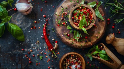 Fototapeta premium Variety of spices and herbs on a rustic wooden table