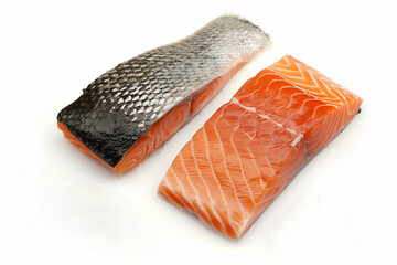 Two slices of Salmon fish fillet in rectangular form on white isolated background. Generative AI