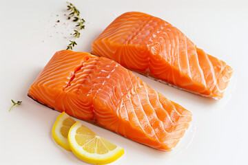 Two slices of Salmon fish fillet in rectangular form with slices of lemon on white isolated background. Generative AI