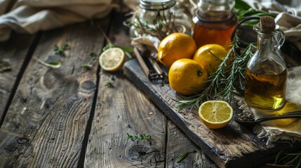 Rustic wooden table with lemons, rosemary, and olive oil