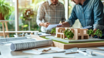 Civil engineer and architect in office, discussing project plans with blueprints and a model structure on the table.