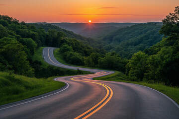 Winding two lane road through countryside hills, sunset or sunrise in horizon, life changes concept, copy space