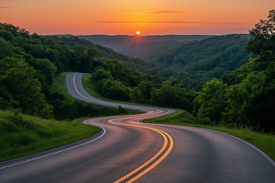 Winding two lane road through countryside hills, sunset or sunrise in horizon, life changes concept, copy space