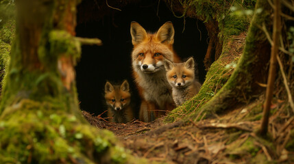 Group of fox cubs with their vigilant mother in a hidden forest den, capturing a serene moment of family unity and natural protection.