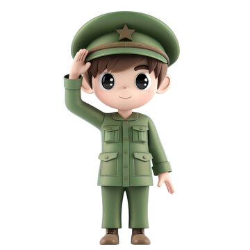 recommend clip art: 3D cartoon boy soldier saluting in green uniform and hat on transparent background clipart