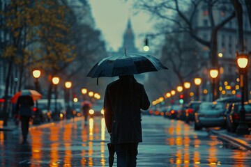 Single man, rainy city street, walking with umbrella, wide shot, evening, streetlights reflecting on wet pavement, urban loneliness, moody tones, cinematic feel.