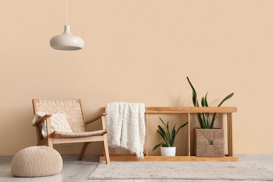 Interior of stylish living room with armchair and houseplants near beige wall