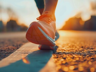 Close up on shoe, Runner athlete feet running on road under sunlight in the morning. - ai
