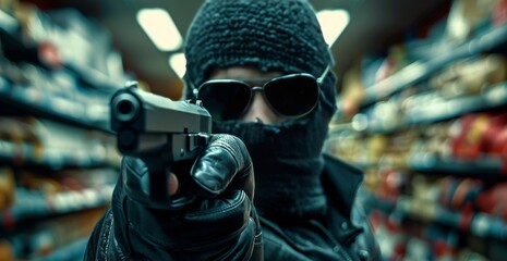Masked Figure Holding Handgun In Store