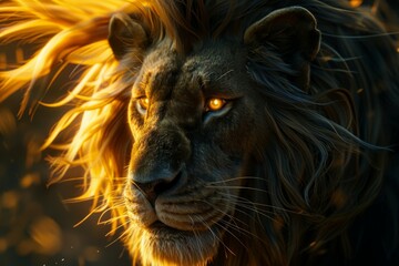 Naklejka premium Majestic Lion with Glowing Eyes in the Golden Light