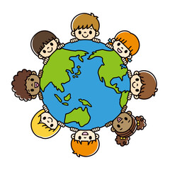 青と緑の線画の地球から顔を出す様々な人種のかわいい子供たちのイラスト