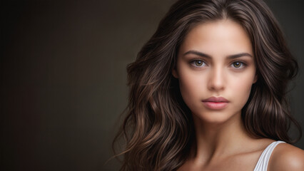 Fototapeta premium Studio portrait of a beautiful model with long brown hair. She has a flawless complexion and is isolated against a dark backdrop. Copy space. Skin care and cosmetics.