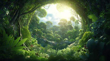 Earth Day eco concept with tropical forest background, Generative AI.