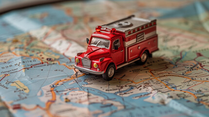 赤い消防車のミニチュアカーが地図の上に置かれたトイカメラ風リアルイラスト