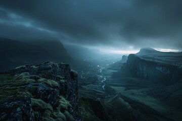 Stormy blue hour landscape of majestic Grand Canyon with dramatic clouds and rays of light