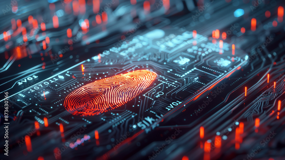 Poster digital data protection cyber security with fingerprint biometric encryption, internet network conne