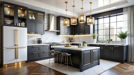 A contemporary, chic kitchen featuring stylish black and white cabinets, golden fixtures, and marble tiles.