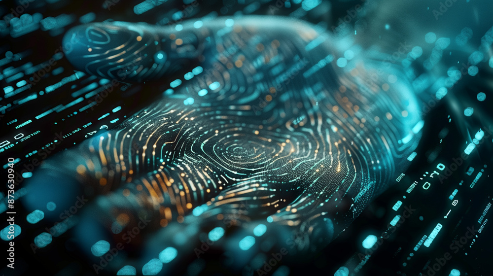 Poster digital data protection cyber security with fingerprint biometric encryption, internet network conne