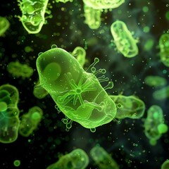 Obraz premium Microscopic view of green bacteria or virus cells on dark background, showcasing scientific microbiology and biological research.