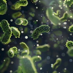Magnified view of green bacteria, with a dark background, highlighting microorganisms in a scientific and medical context.