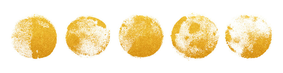 Gold glitter texture circles set. Vector rough textured hand painted Japanese, Chinese or Korean sun symblos. Sponge stamp grungy goldenink blobs, splashes. Abstract watercolor calligraphy art