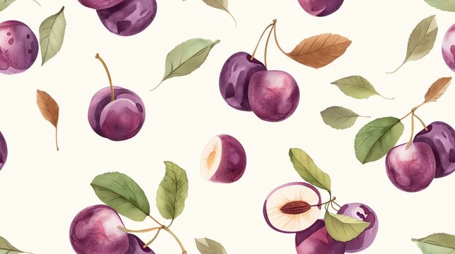 Elegant hand-drawn plums seamless pattern on a plain background