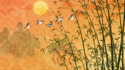 Bamboo oriental painting illustration A modern bamboo landscape painting with mountains and clouds 동양화 사군자 대나무 일러스트 산수화 산과 구름이 있는 대나무 한국화 십장생 두루미