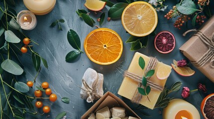 Natural spa products and citrus fruits on a table