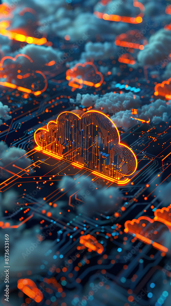 Poster a cloud technology with isometric icons on circuit board. abstract futuristic digital network connec