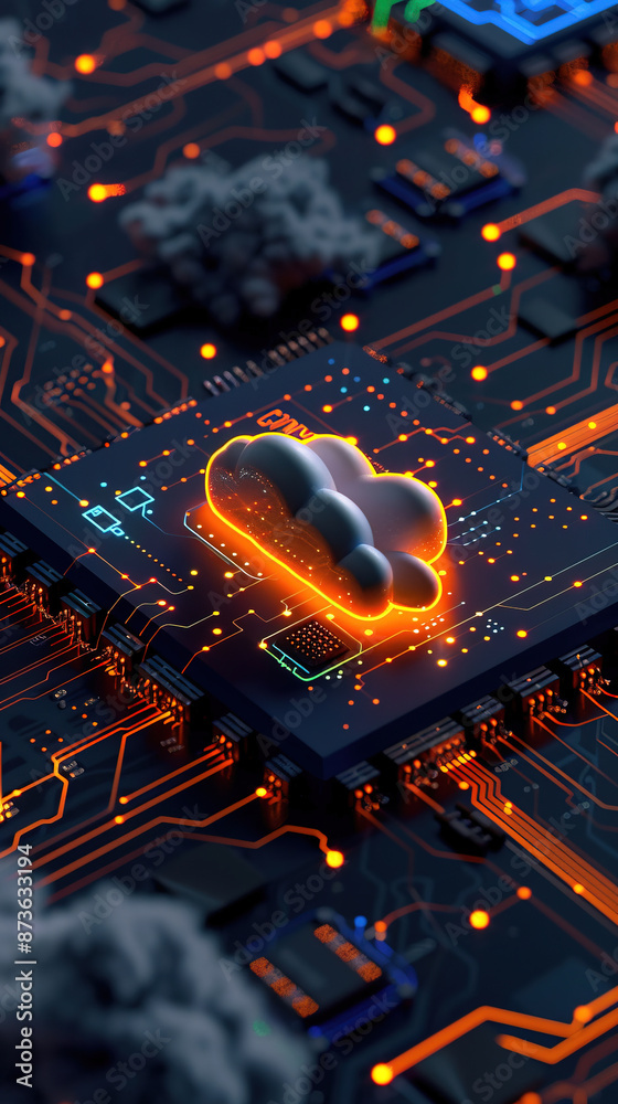 Poster a cloud technology with isometric icons on circuit board. abstract futuristic digital network connec