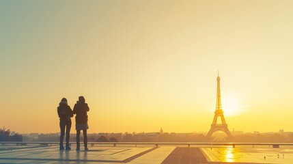 A stunning view of a famous landmark such as the Eiffel Tower with tourists taking photos capturing the excitement of travel and exploration