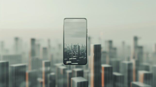 A sleek modern smartphone with a holographic interface set against a futuristic cityscape emphasizing cuttingedge technology