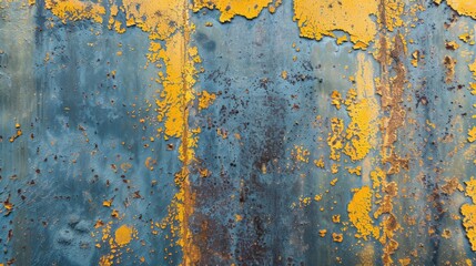 Fototapeta premium Selective focus on rusty metal plate with yellow and blue steel rust texture for background and copy space