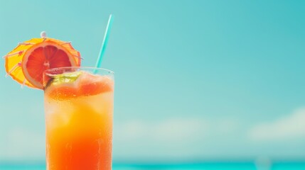 A closeup of a refreshing cocktail with colorful fruits and a vibrant umbrella set against a summer beach backdrop