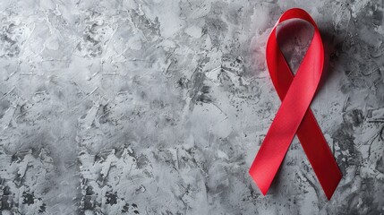 Support symbol for HIV AIDS and cancer advocacy displaying a red ribbon on a grey backdrop to showcase aid for those in need
