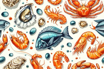 Naklejka premium An illustration of different seafood items including fish, shrimp, crabs, and oysters in a seamless pattern. The 2D cartoon style adds a playful and colorful touch to each item, with bright and