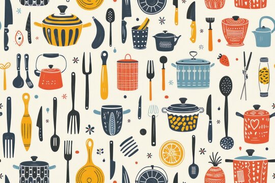 A seamless pattern with various kitchen utensils like spoons, forks, knives, and cooking pots illustrated in a cartoon style. The 2D design uses bright, cheerful colors to make the utensils stand out