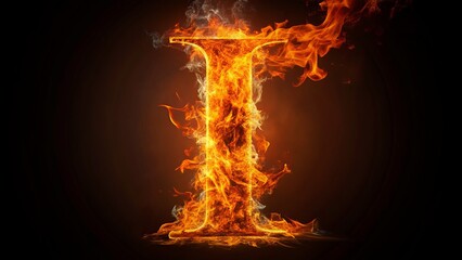 Ablaze alphabet letter I crafted from fiery flames set against a dark black background, radiating intense heat and power.