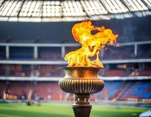 The olympic fire against view of a stadium
