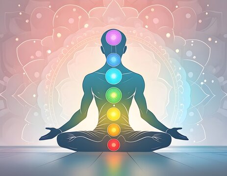 Chakra system on silhouette of human body sitting in lotus position