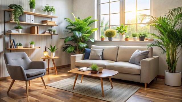 A calm, serene therapy room with a comfortable couch, plants, and a few scattered notebooks, evoking feelings of trust and confidentiality.