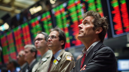 Group of traders observing stock market ticker display with red and green numbers indicating market trends and fluctuations.