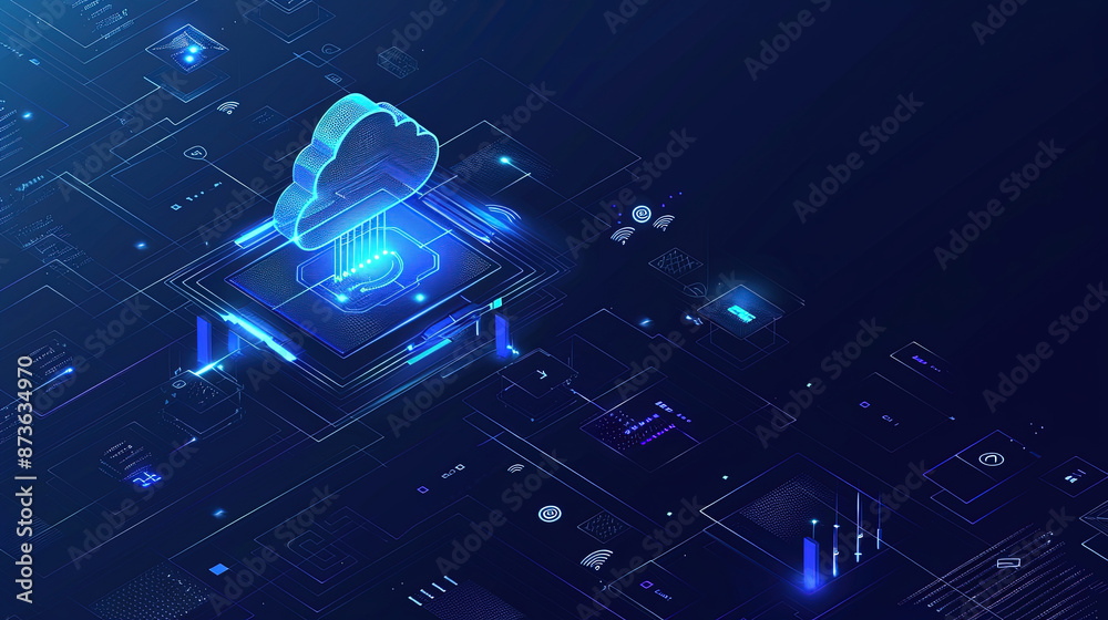 Poster a cloud technology with isometric icons concept. abstract futuristic digital network connection. net