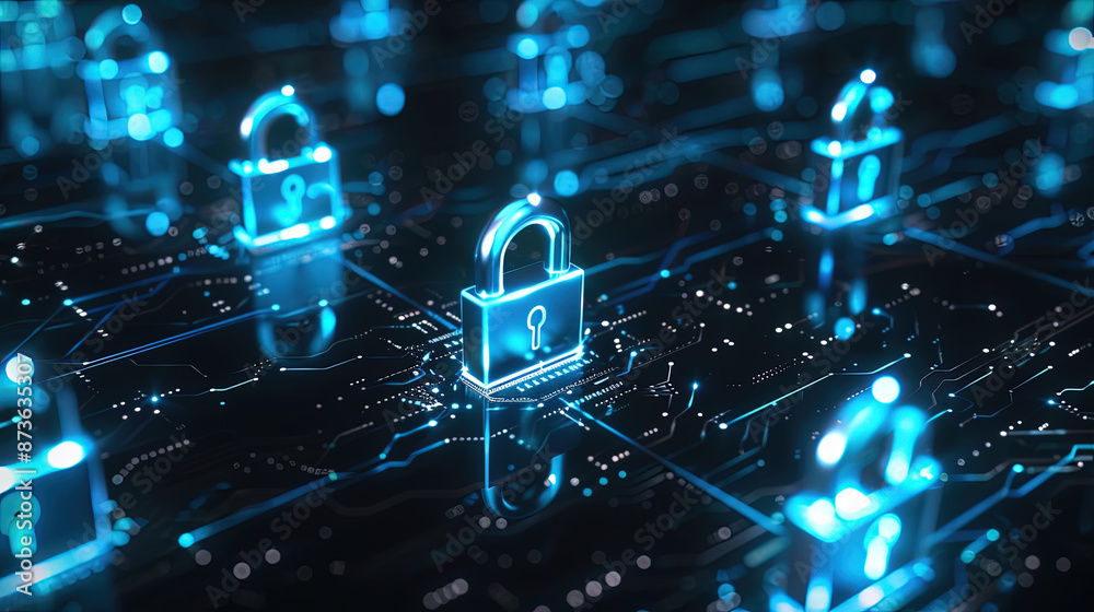 Poster abstract futuristic technology background. network of interconnected glowing padlocks in the style o