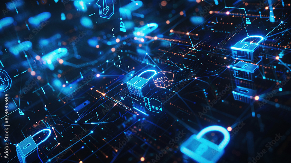 Poster abstract futuristic technology background. network of interconnected glowing padlocks in the style o