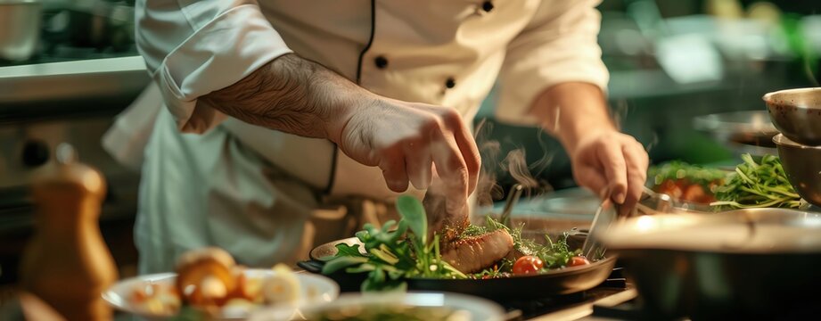 Photograph a chef in a restaurant kitchen, preparing a gourmet dish