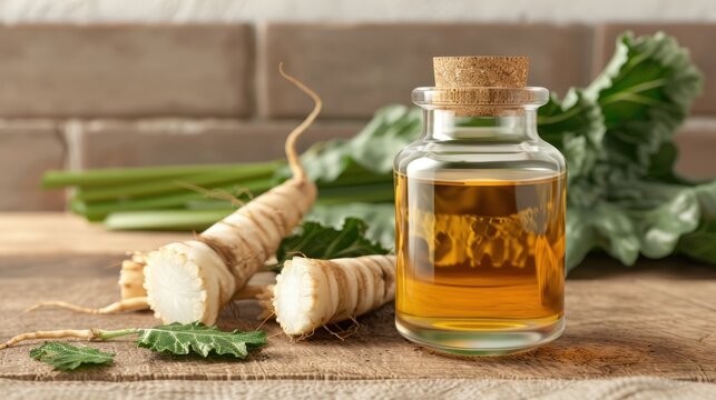 Burdock Root Extract in an elegant bottle, with burdock roots and leaves, on a rustic kitchen surface, photorealistic and premium